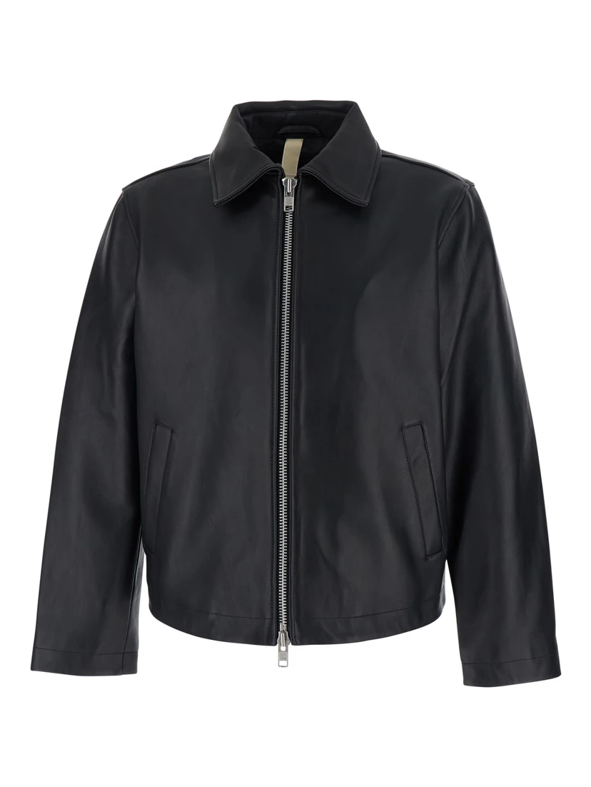 Black Crop Jacket with Classic Collar and Dropped Shoulders in Leather Man