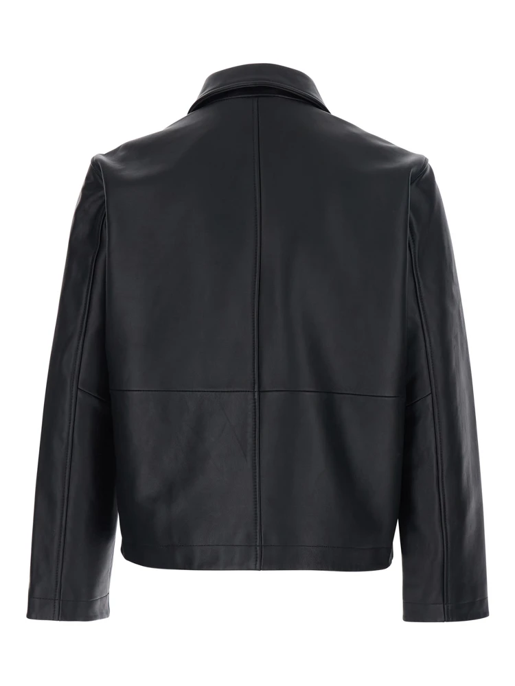 Black Crop Jacket with Classic Collar and Dropped Shoulders in Leather Man alternative