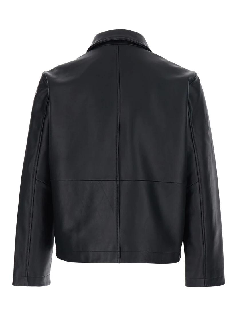 Black Crop Jacket with Classic Collar and Dropped Shoulders in Leather Man