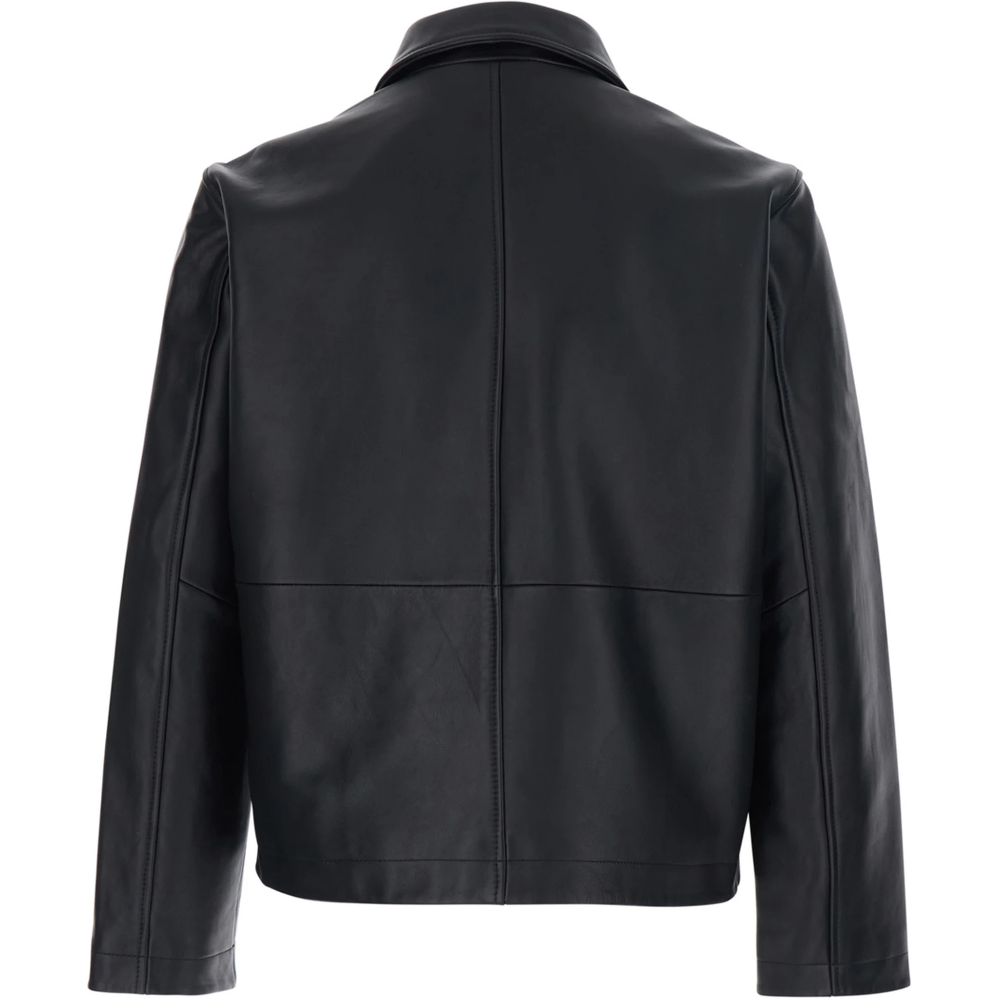Black Crop Jacket with Classic Collar and Dropped Shoulders in Leather Man