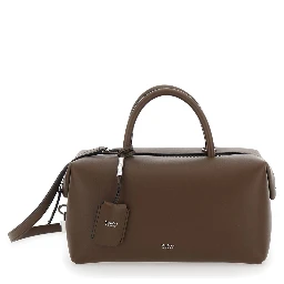 Brown Handbag with Adjustable and Removable Shoulder Strap and Logo Lettering on the Front in Leather Woman