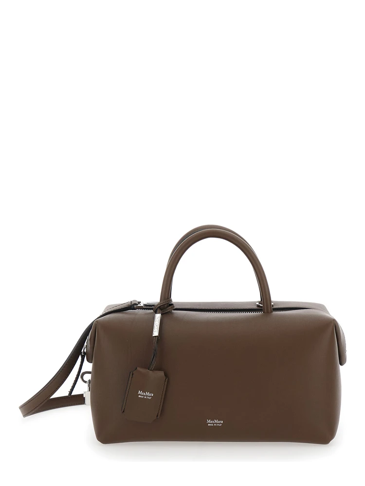 Brown Handbag with Adjustable and Removable Shoulder Strap and Logo Lettering on the Front in Leather Woman