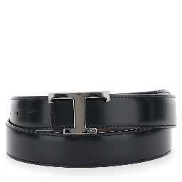 Black Belt with Adjustable Buckle Closure and T Logo Plaque in Leather Man