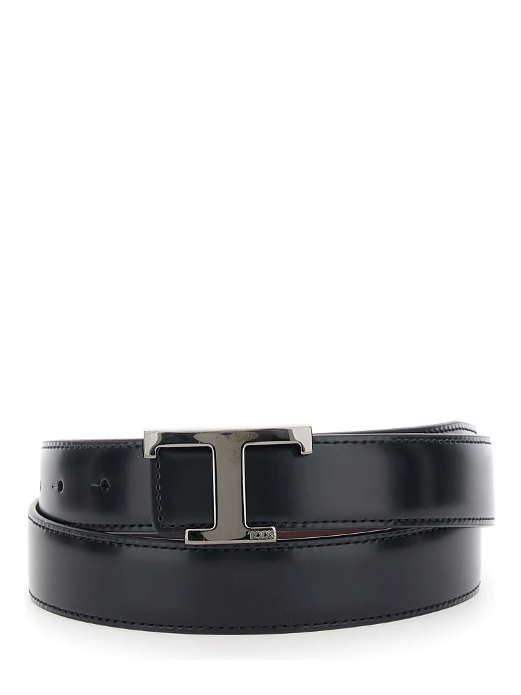 Black Belt with Adjustable Buckle Closure and T Logo Plaque in Leather Man