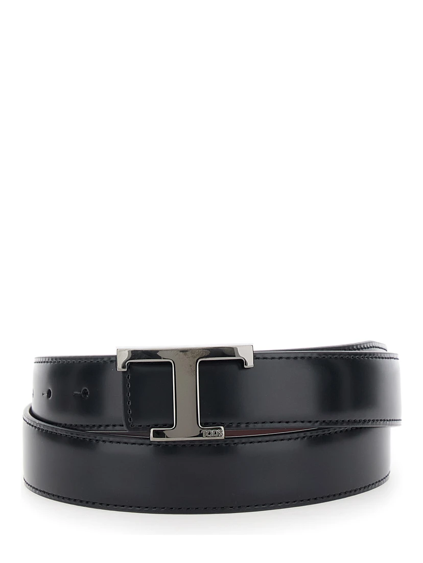 Black Belt with Adjustable Buckle Closure and T Logo Plaque in Leather Man