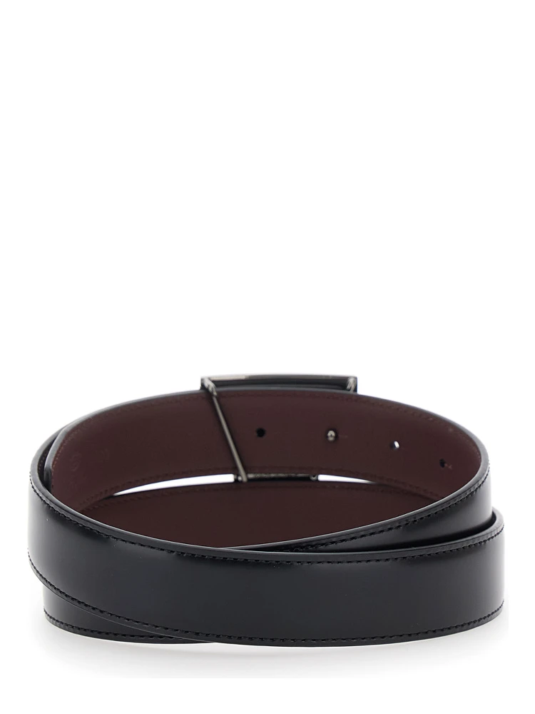 Black Belt with Adjustable Buckle Closure and T Logo Plaque in Leather Man alternative