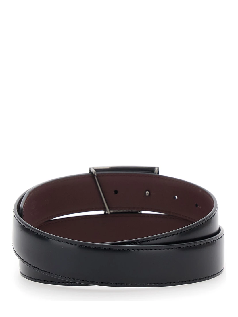 Black Belt with Adjustable Buckle Closure and T Logo Plaque in Leather Man