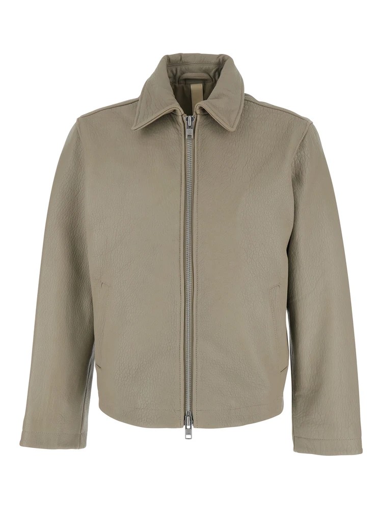 Grey Crop Jacket with Classic Collar and Dropped Shoulders in Leather Man