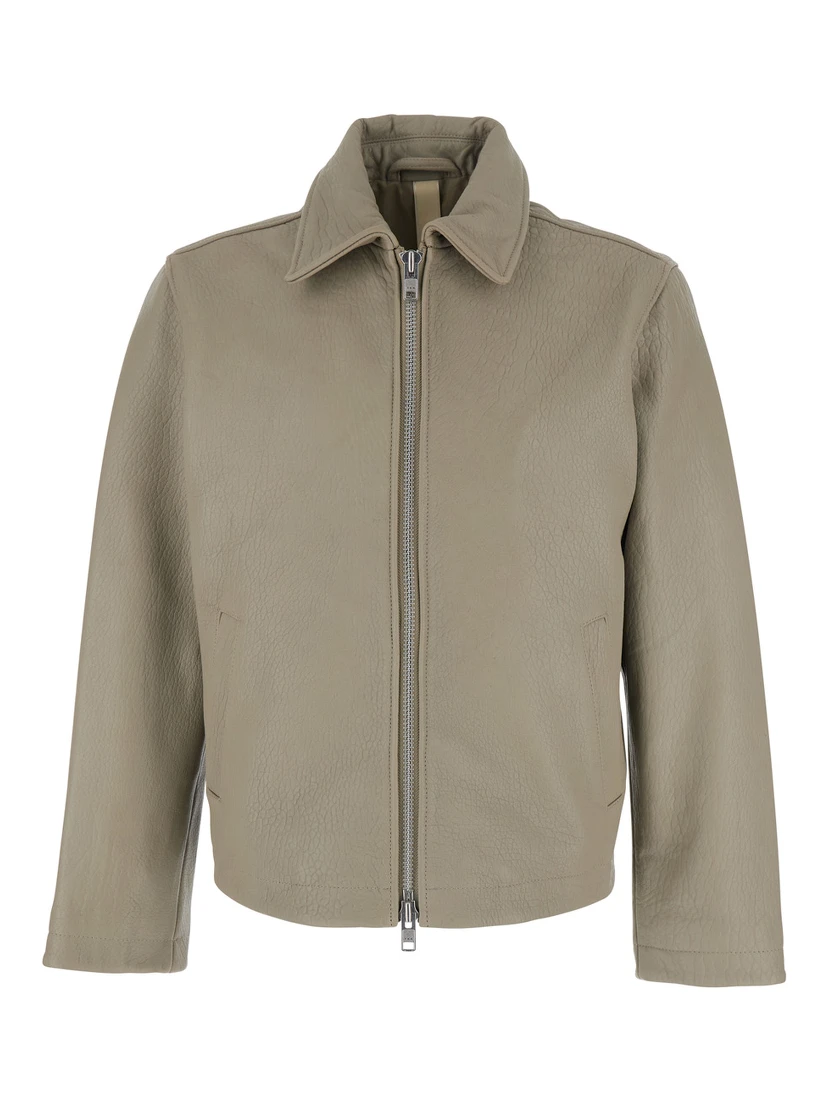 Grey Crop Jacket with Classic Collar and Dropped Shoulders in Leather Man
