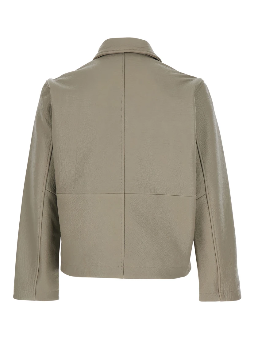 Grey Crop Jacket with Classic Collar and Dropped Shoulders in Leather Man