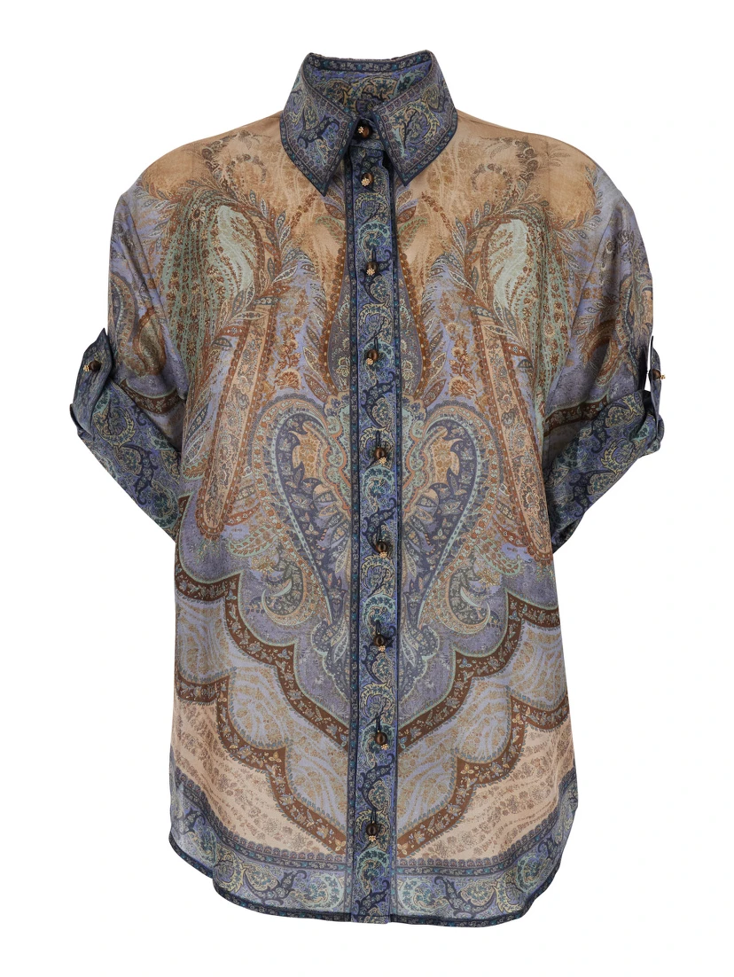 Wanderlust Multicolor Shirt with Classic Collar and All-Over Print in Silk Woman