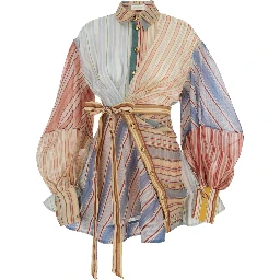 Rebellion Multicolor Midi Dress with Bow Detail on the Front and All-Over Striped Motif in Linen and Silk Blend Woman