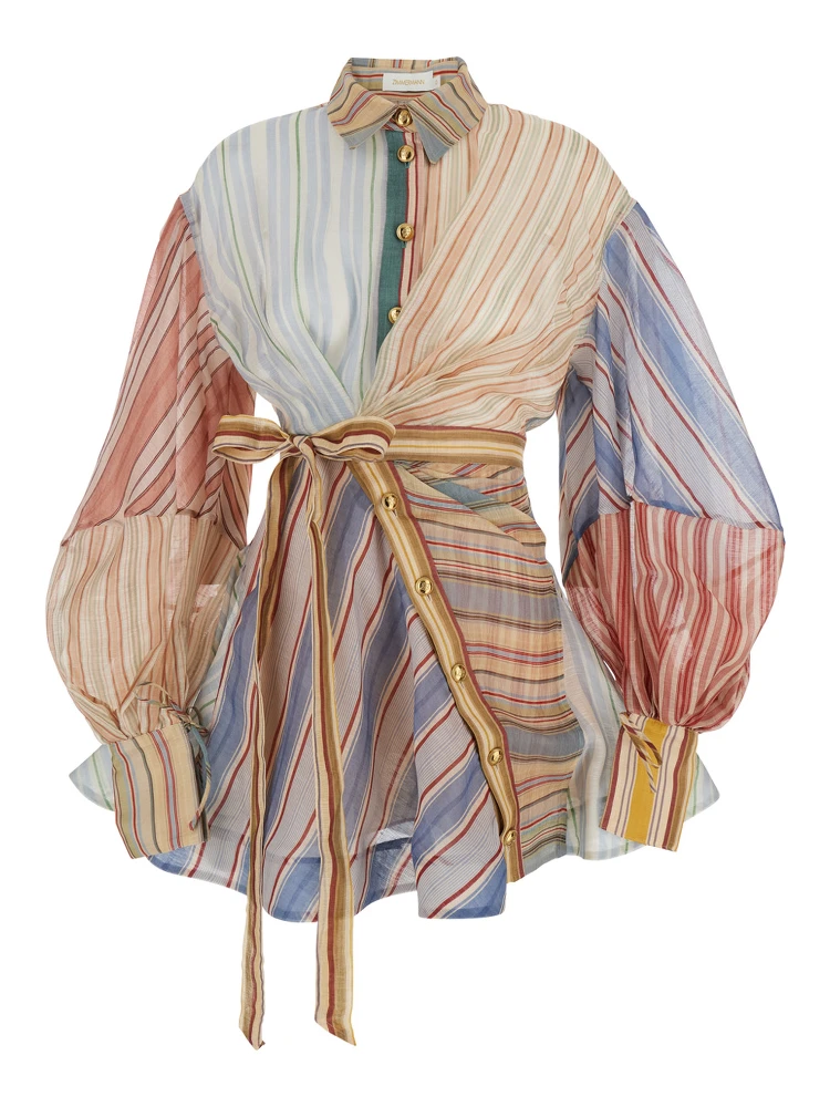 Rebellion Multicolor Midi Dress with Bow Detail on the Front and All-Over Striped Motif in Linen and Silk Blend Woman