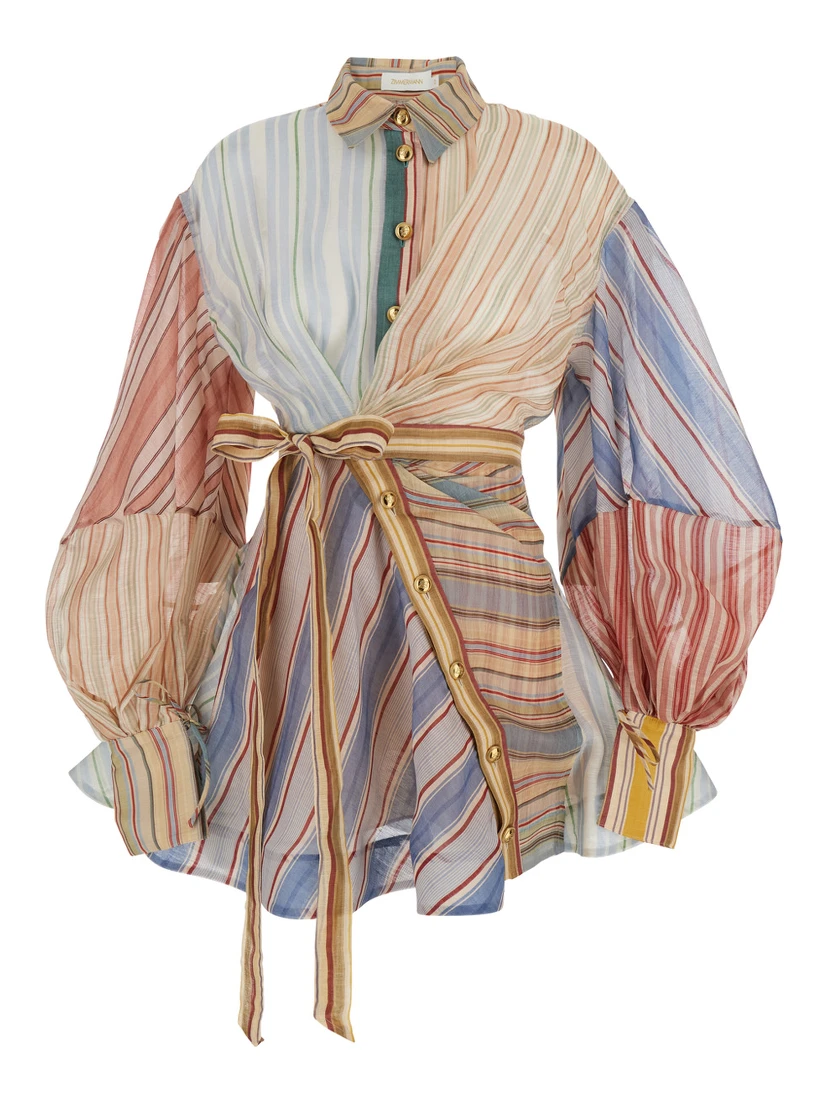 Rebellion Multicolor Midi Dress with Bow Detail on the Front and All-Over Striped Motif in Linen and Silk Blend Woman