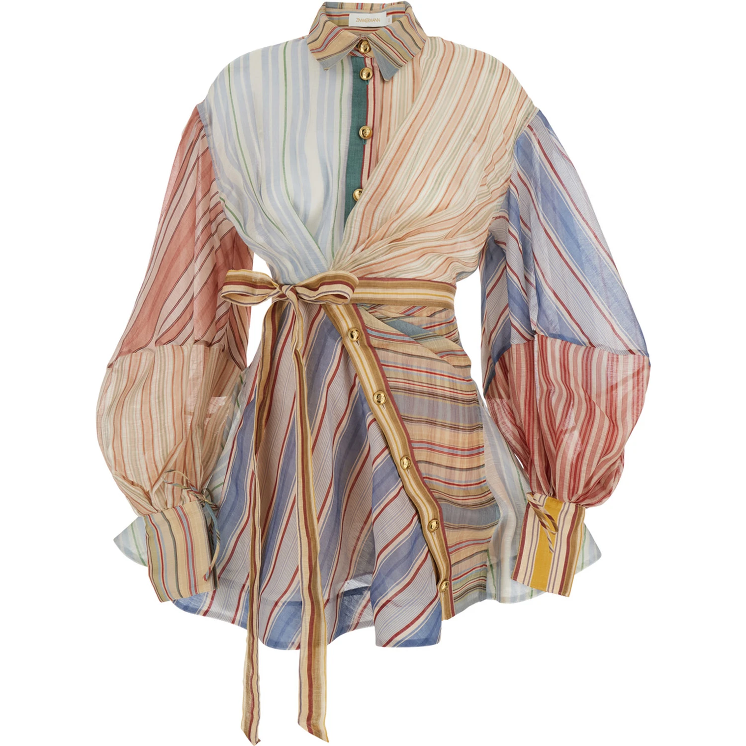 Rebellion Multicolor Midi Dress with Bow Detail on the Front and All-Over Striped Motif in Linen and Silk Blend Woman