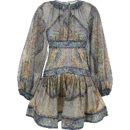 Wanderlust Multicolor Crewneck Mini Dress with Puffed Long Sleeves and All-Over Print in Cotton and Silk Blend Woman