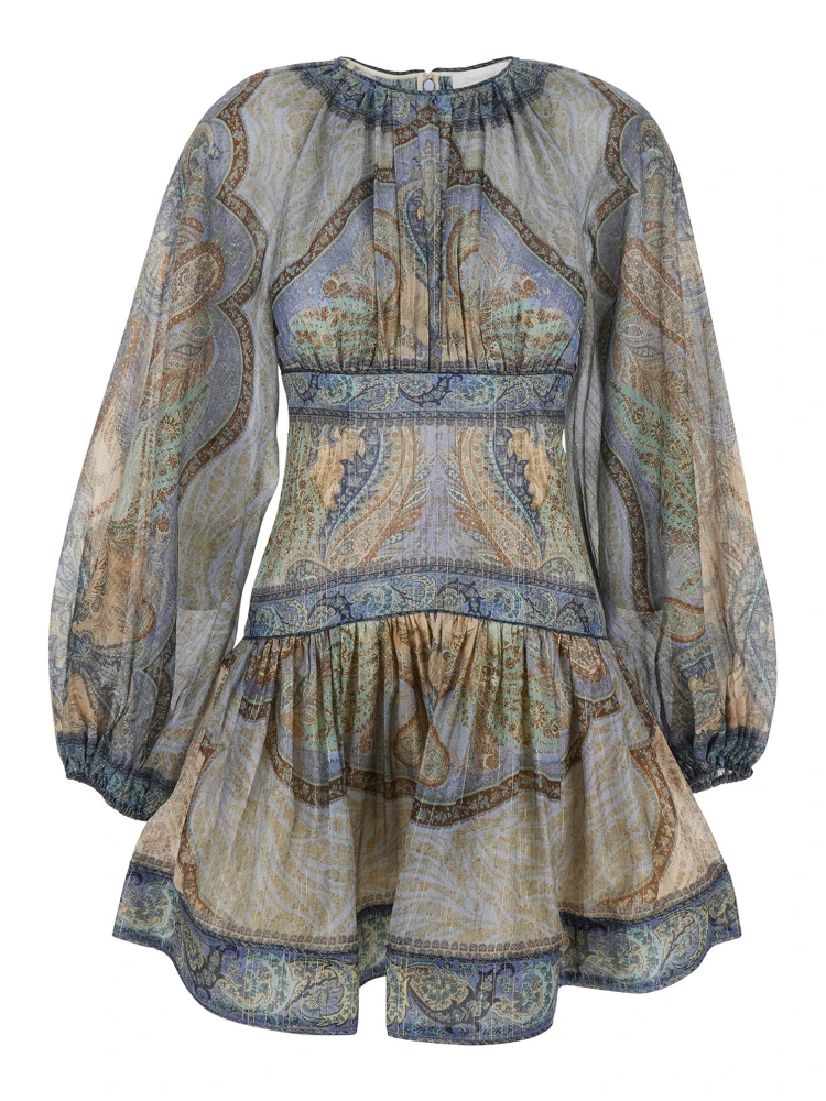 Wanderlust Multicolor Crewneck Mini Dress with Puffed Long Sleeves and All-Over Print in Cotton and Silk Blend Woman