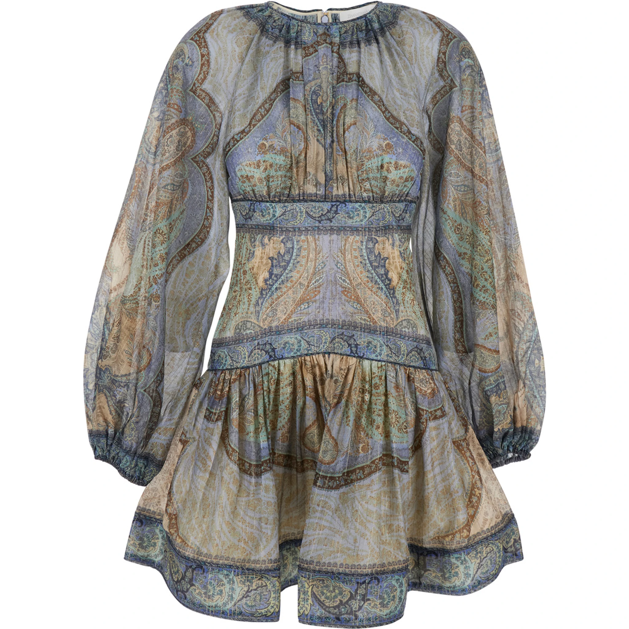 Wanderlust Multicolor Crewneck Mini Dress with Puffed Long Sleeves and All-Over Print in Cotton and Silk Blend Woman