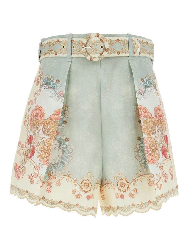 Daylight Multicolor Shorts with Belt on the Front and All-Over Floral Motif in Linen Woman