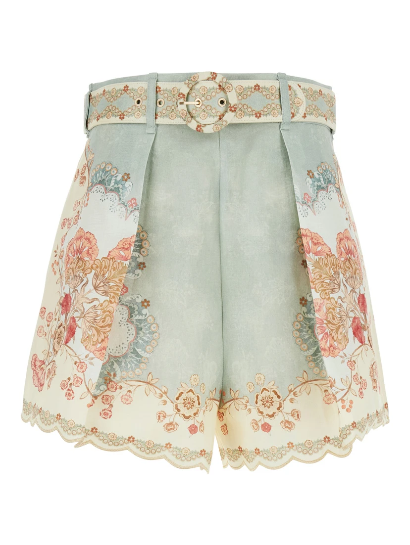 Daylight Multicolor Shorts with Belt on the Front and All-Over Floral Motif in Linen Woman