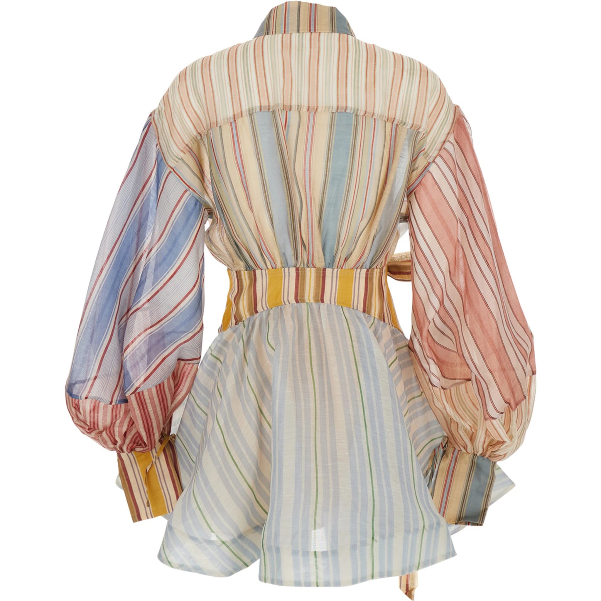 Rebellion Multicolor Midi Dress with Bow Detail on the Front and All-Over Striped Motif in Linen and Silk Blend Woman