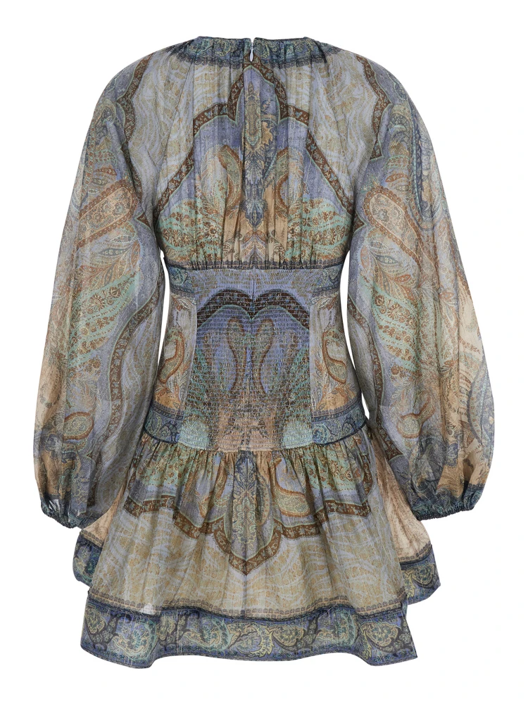 Wanderlust Multicolor Crewneck Mini Dress with Puffed Long Sleeves and All-Over Print in Cotton and Silk Blend Woman alternative