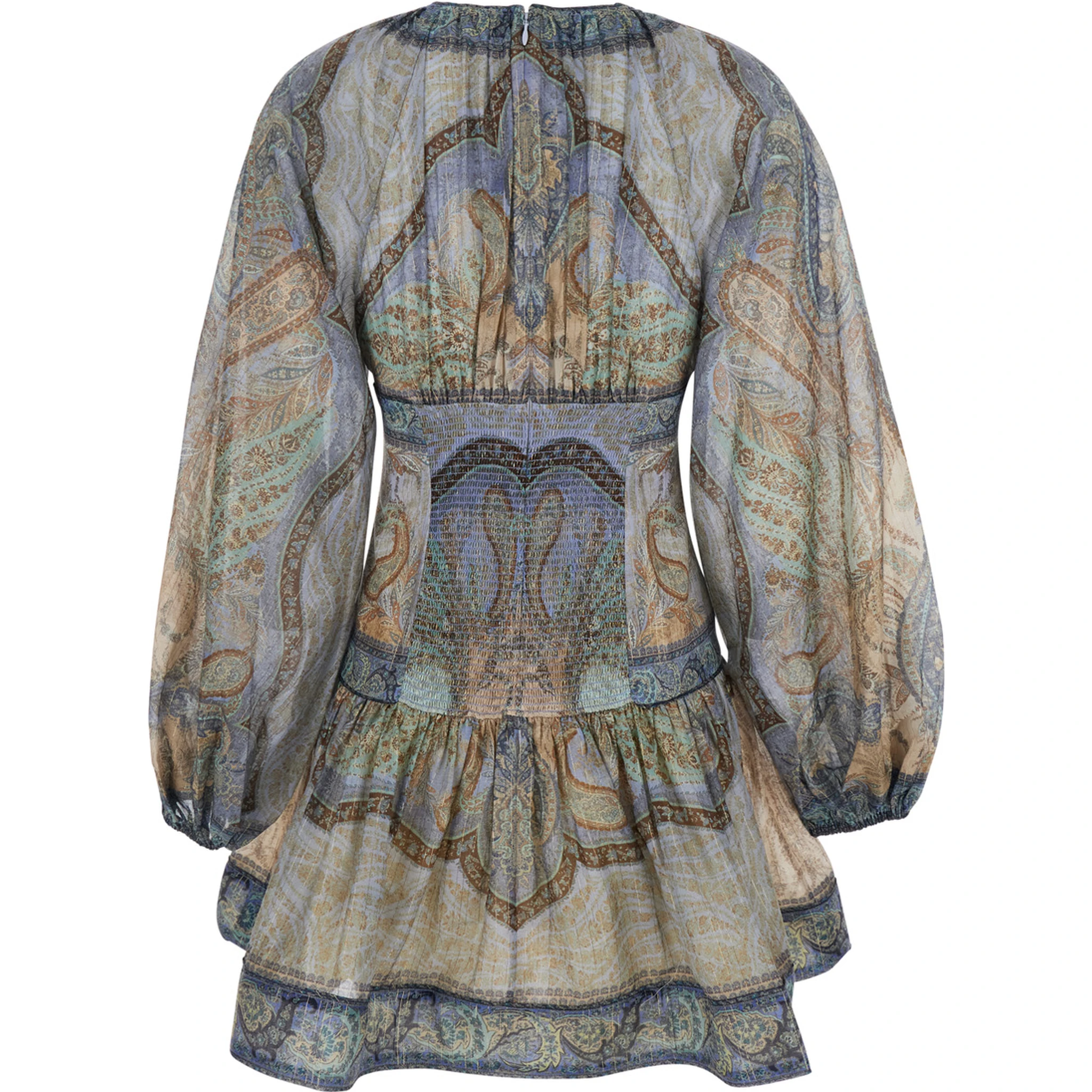 Wanderlust Multicolor Crewneck Mini Dress with Puffed Long Sleeves and All-Over Print in Cotton and Silk Blend Woman