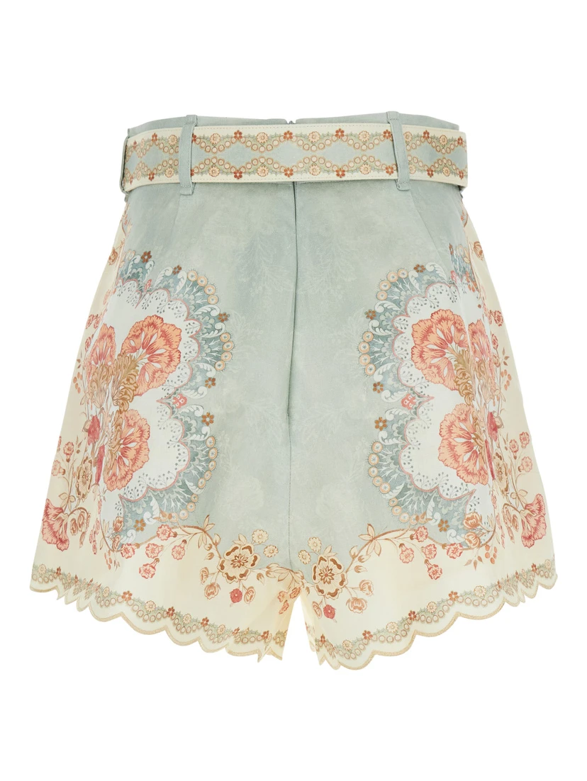 Daylight Multicolor Shorts with Belt on the Front and All-Over Floral Motif in Linen Woman
