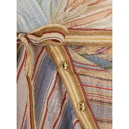 Rebellion Multicolor Midi Dress with Bow Detail on the Front and All-Over Striped Motif in Linen and Silk Blend Woman