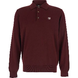 Bordeaux Long-Sleeve Polo Shirt with Classic Collar and FF Plaque on the Front in Wool Man