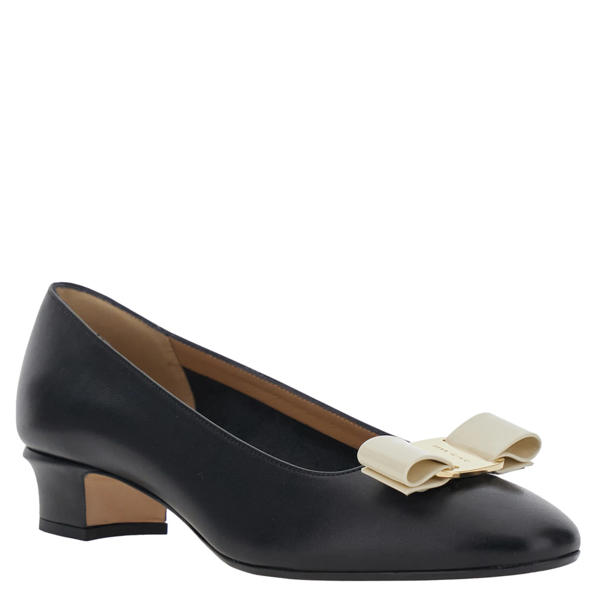 حذاء فارا 2.0 أسود بكعب منخفض عريض وشعار في المقدمة من الجلد للنساء