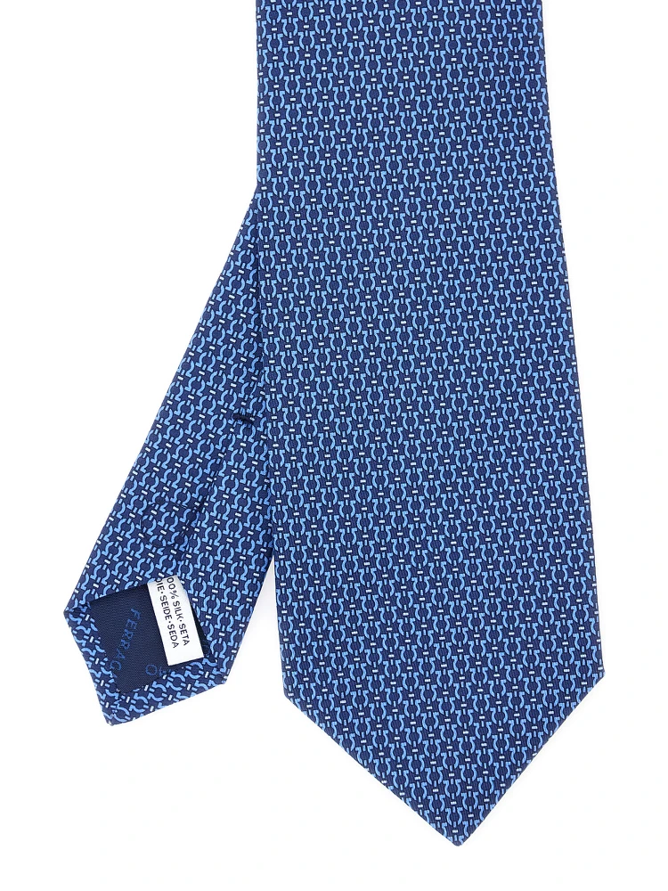 Blue Tie with Rear Tie Closure and All-Over Gancini Print in Silk Man alternative