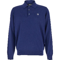 Blue Long-Sleeve Polo Shirt with Classic Collar and FF Plaque on the Front in Wool Man