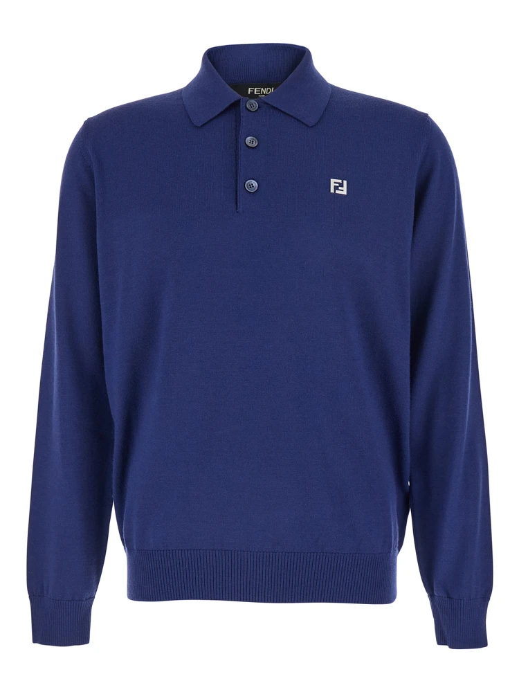 Blue Long-Sleeve Polo Shirt with Classic Collar and FF Plaque on the Front in Wool Man
