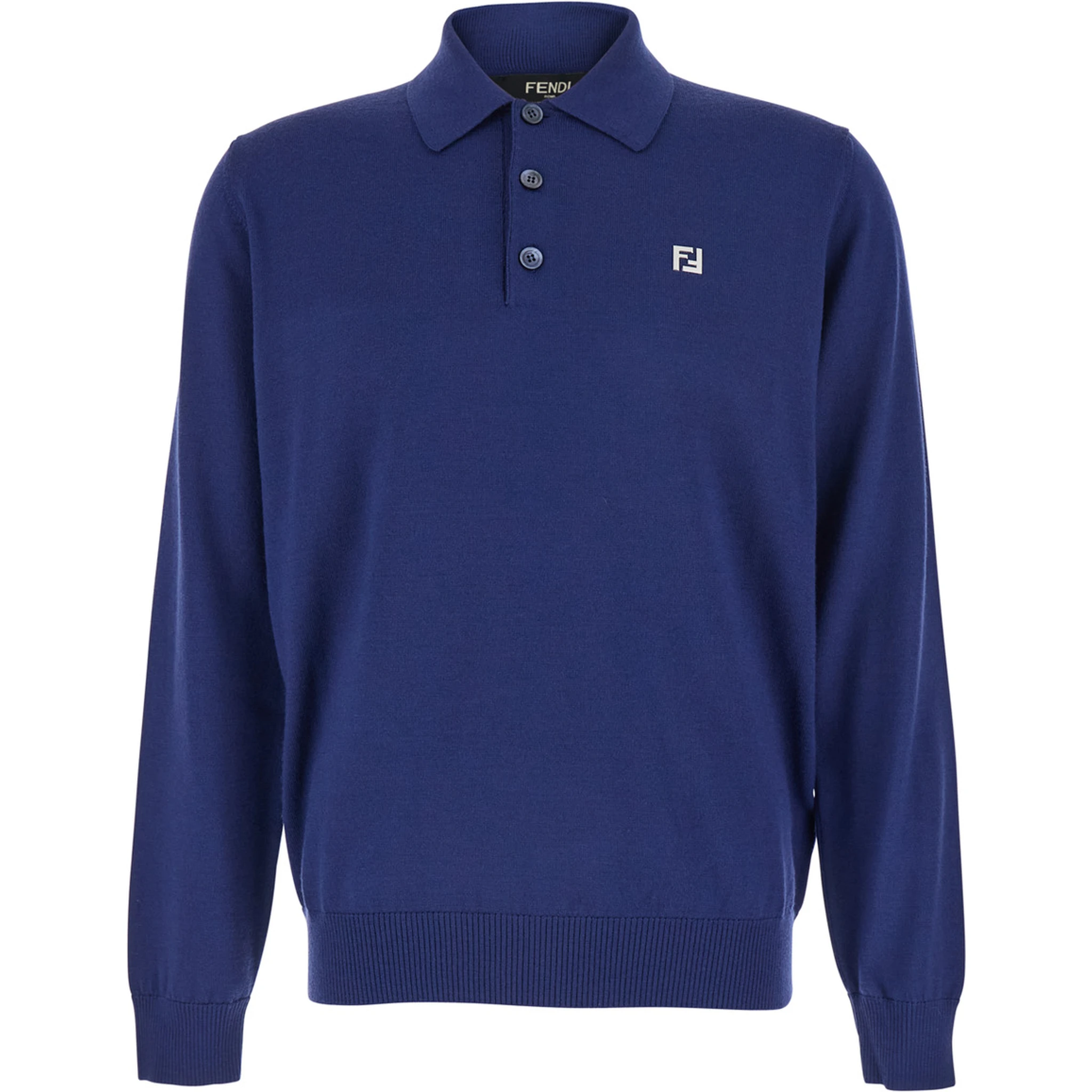 Blue Long-Sleeve Polo Shirt with Classic Collar and FF Plaque on the Front in Wool Man