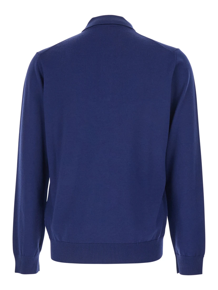 Blue Long-Sleeve Polo Shirt with Classic Collar and FF Plaque on the Front in Wool Man