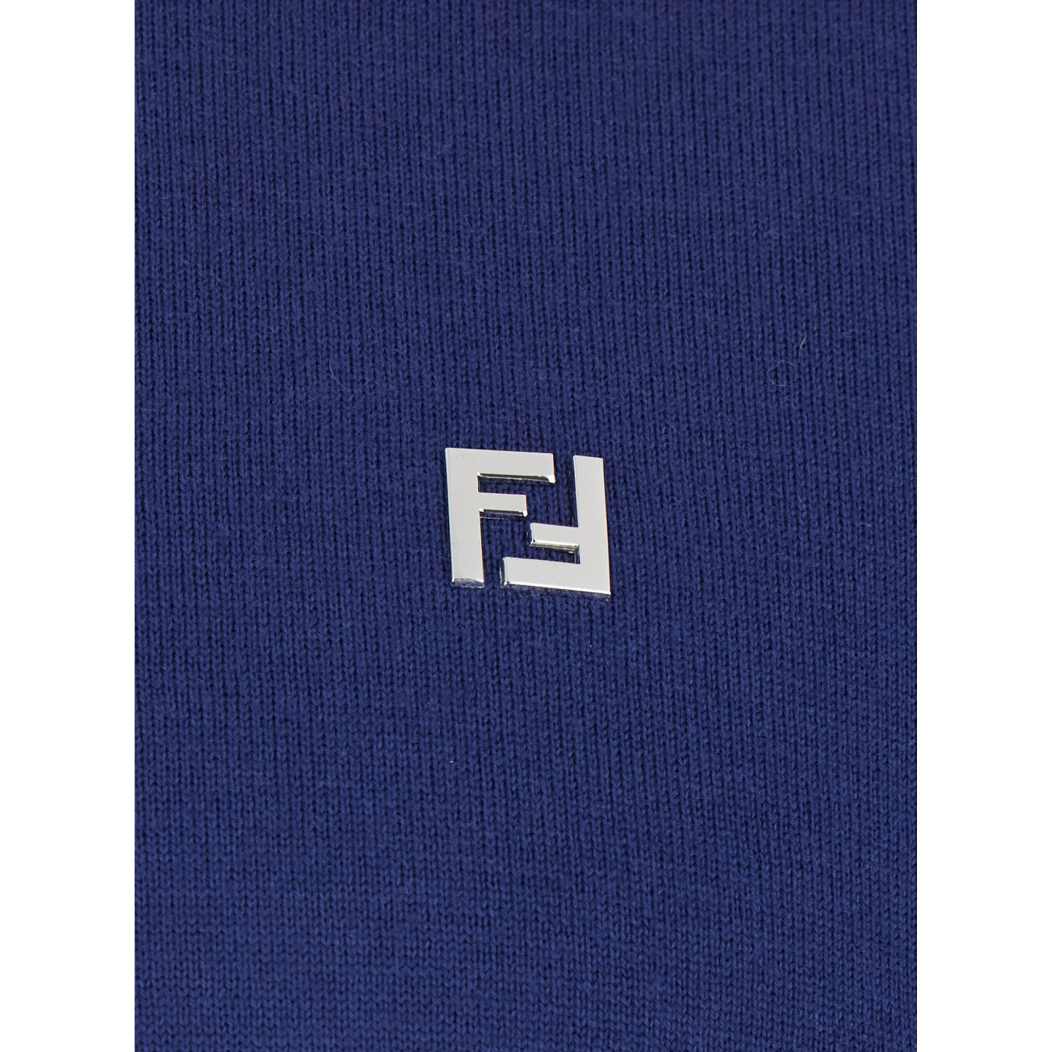 Blue Long-Sleeve Polo Shirt with Classic Collar and FF Plaque on the Front in Wool Man