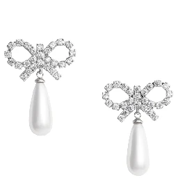 Silver Colored Earings with Bow Design and Pearl Pendant in Copper Woman