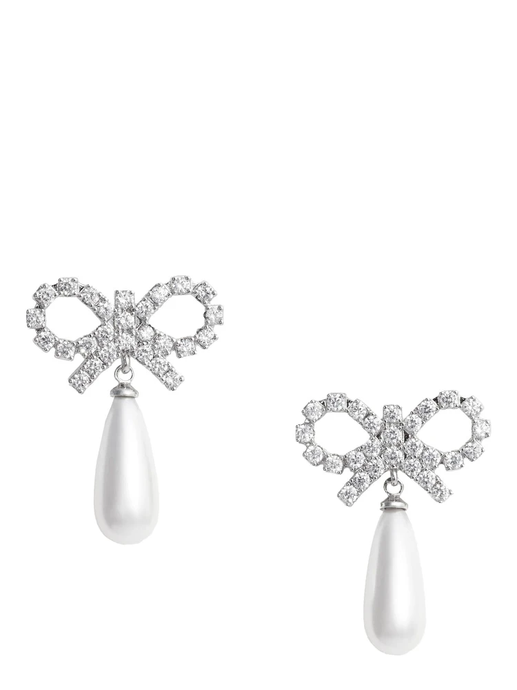 Silver Colored Earings with Bow Design and Pearl Pendant in Copper Woman