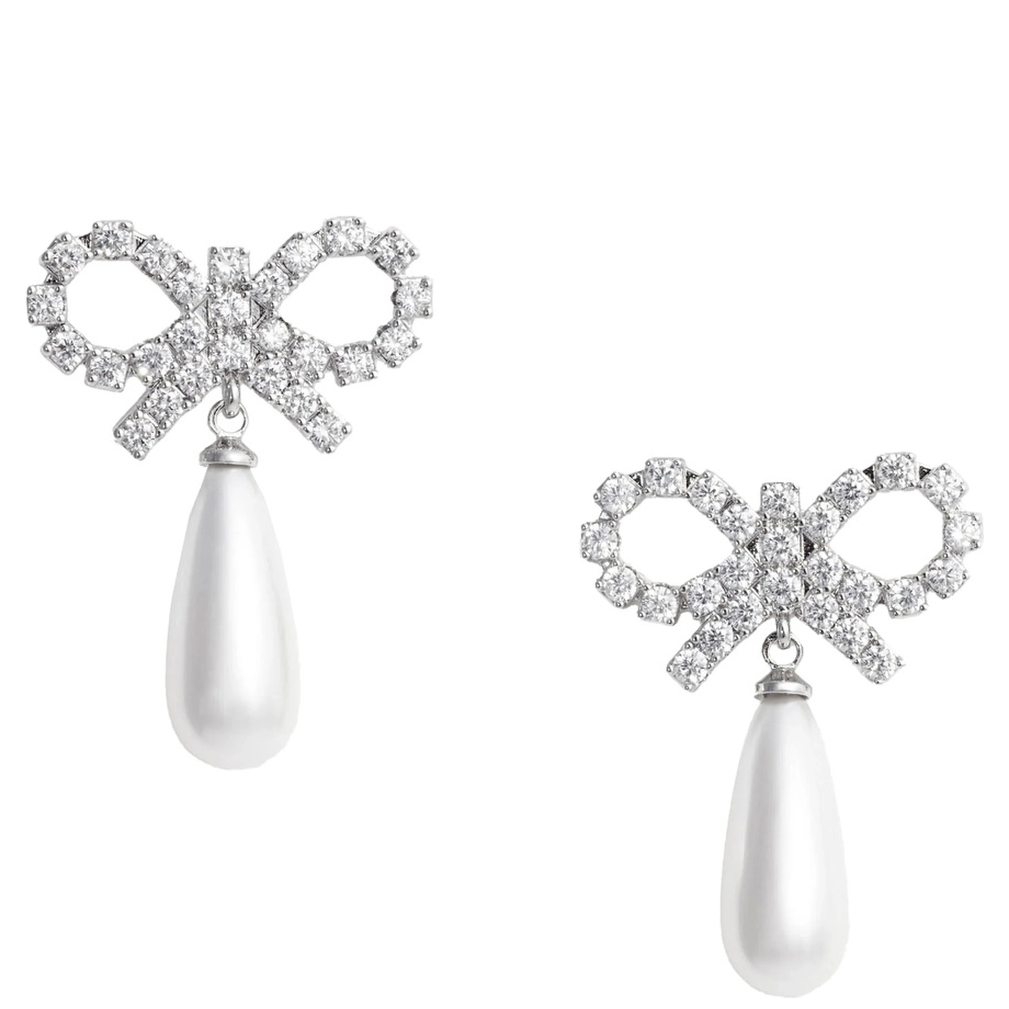 Silver Colored Earings with Bow Design and Pearl Pendant in Copper Woman