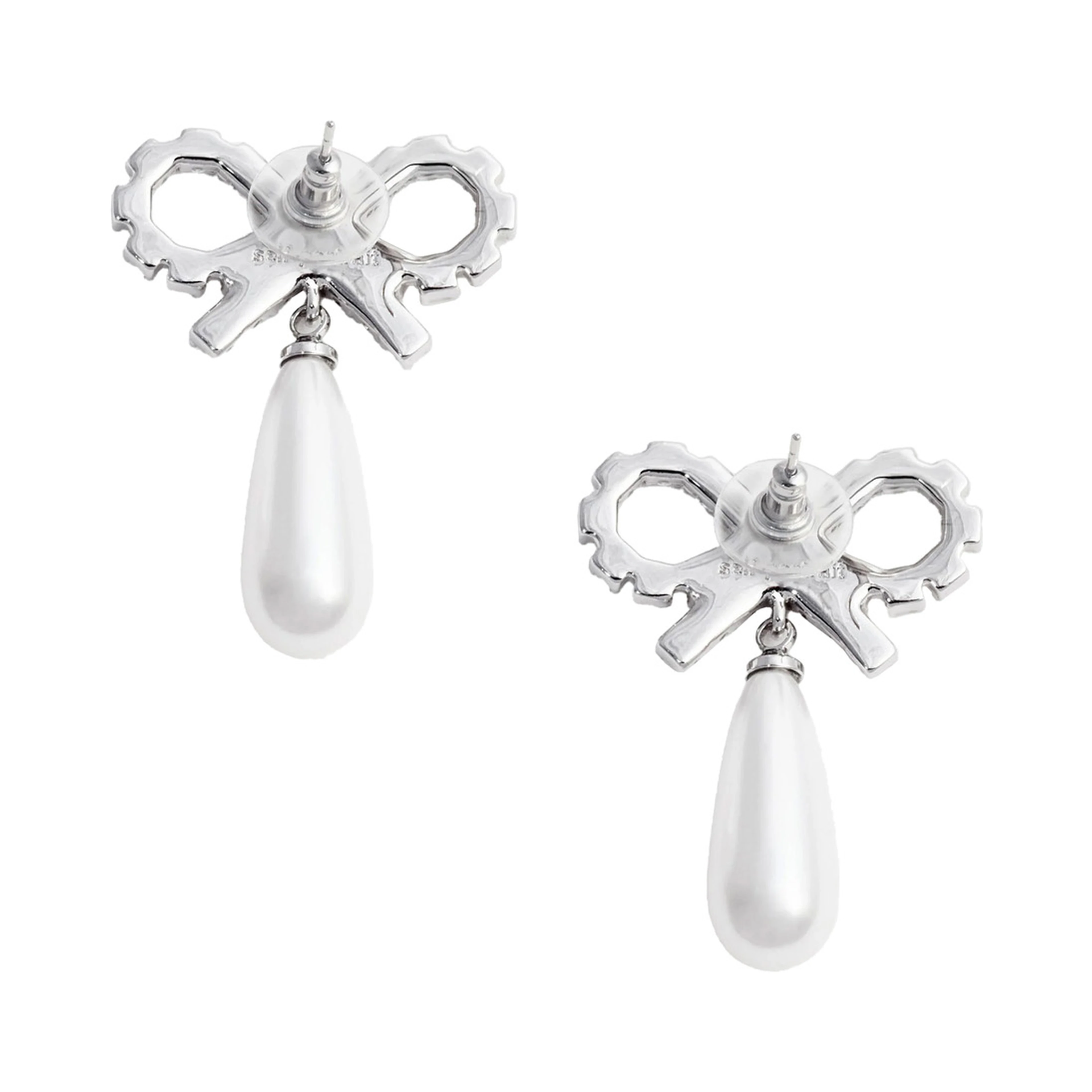 Silver Colored Earings with Bow Design and Pearl Pendant in Copper Woman
