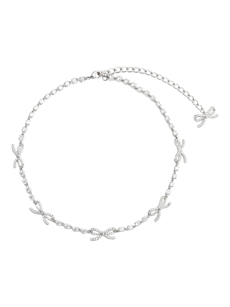 Silver Colored Necklace with Bows and Crystal Embellishments in Copper Woman
