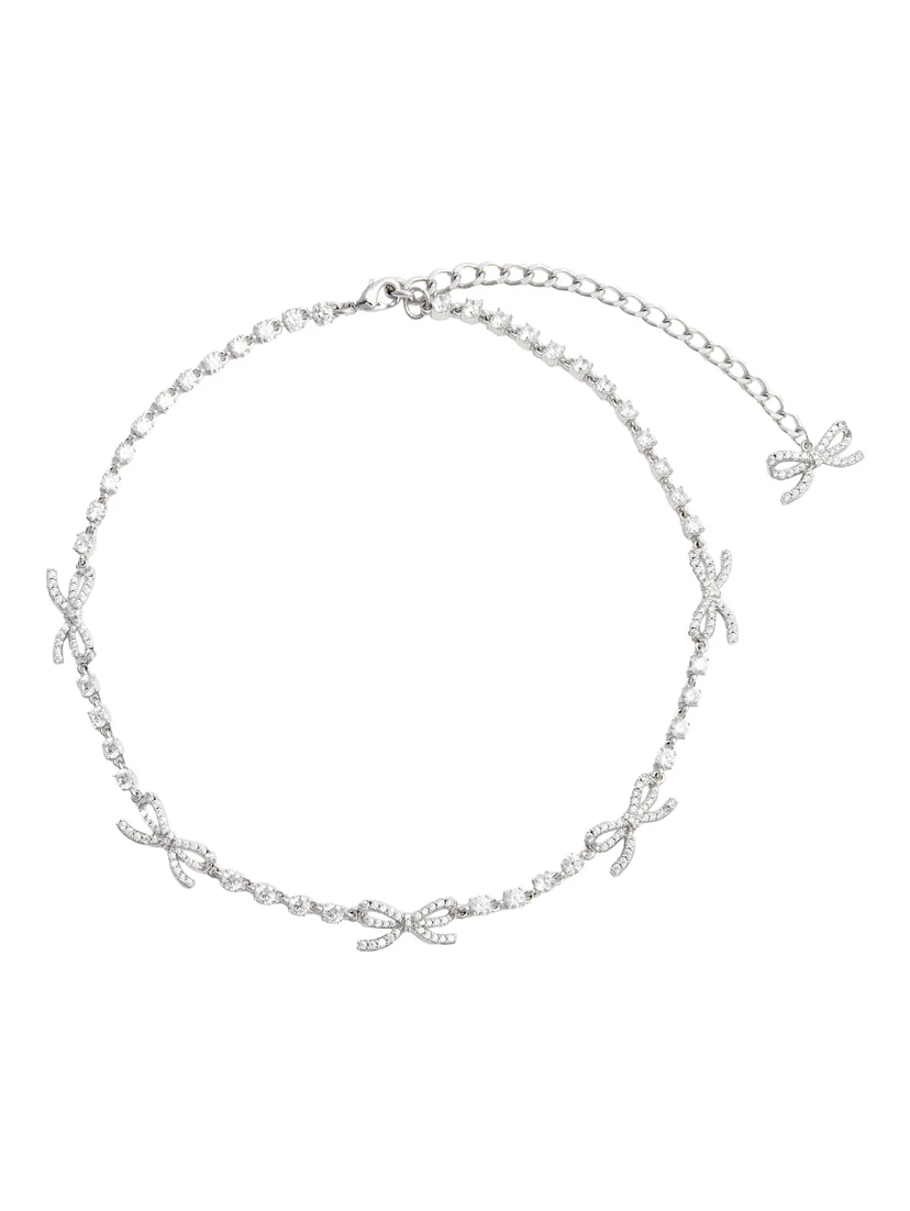 Silver Colored Necklace with Bows and Crystal Embellishments in Copper Woman