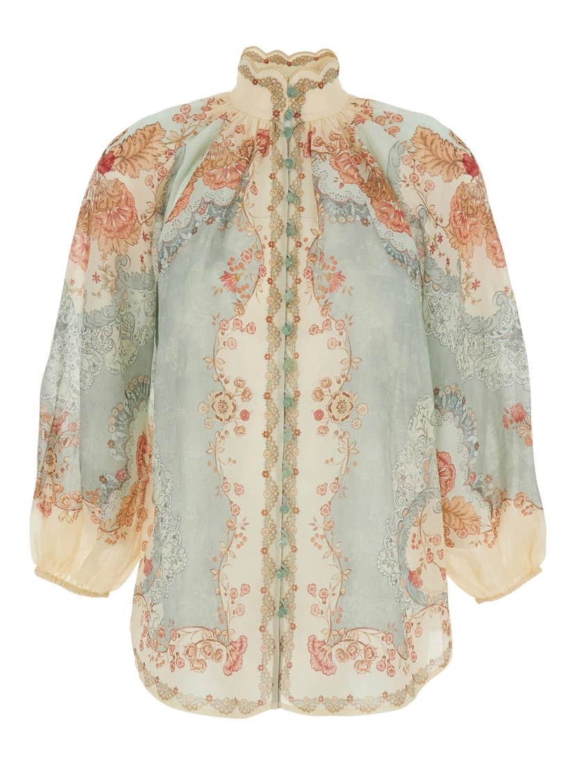 Daylight Multicolor Shirt with High Neck and All-Over Floral Motif in Ramie