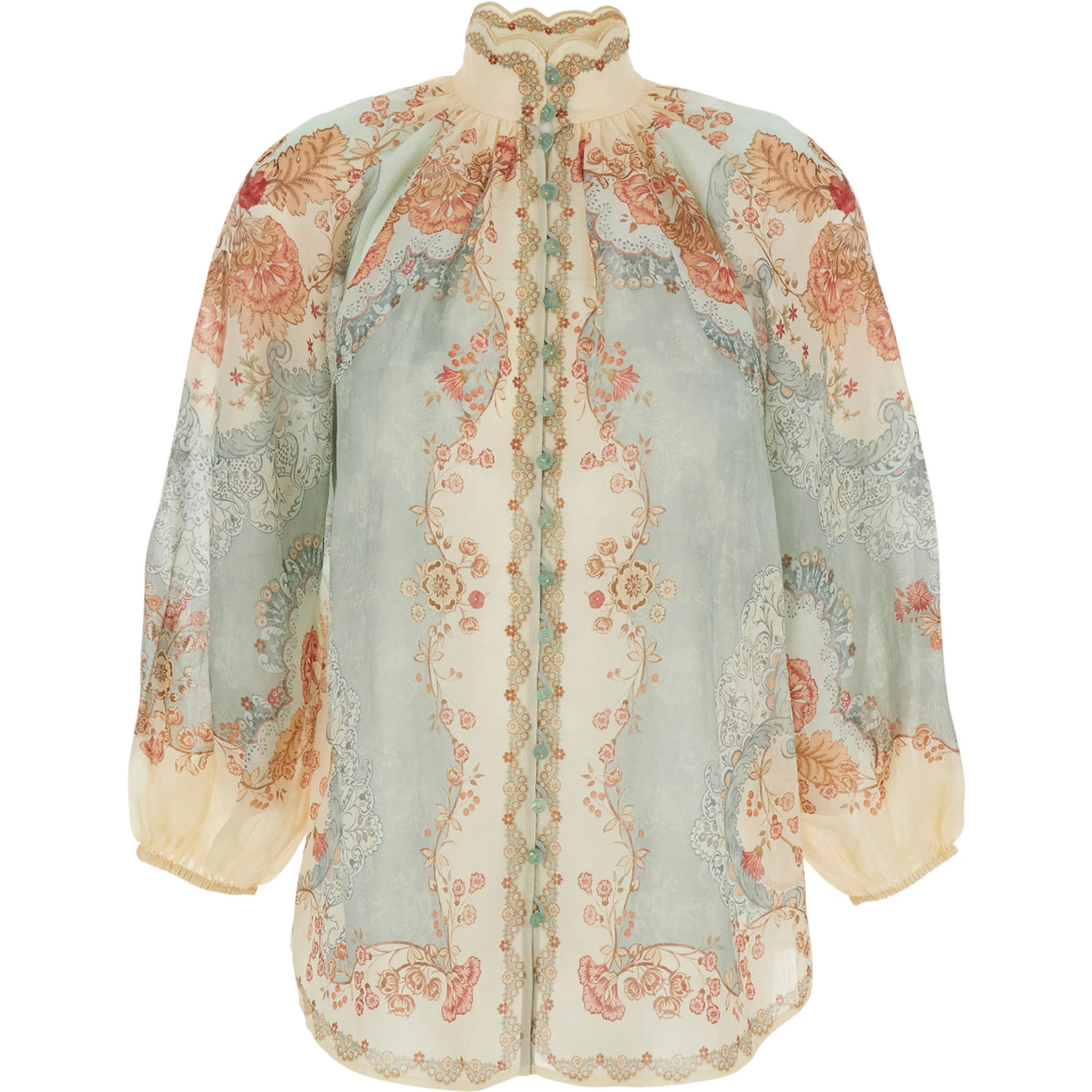 Daylight Multicolor Shirt with High Neck and All-Over Floral Motif in Ramie