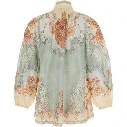 Daylight Multicolor Shirt with High Neck and All-Over Floral Motif in Ramie
