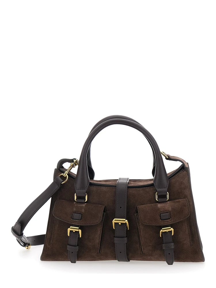 Roxanne Brown Small Handbag with Adjustable and Removable Shoulder Strap and Two Front Pockets in Suede Woman