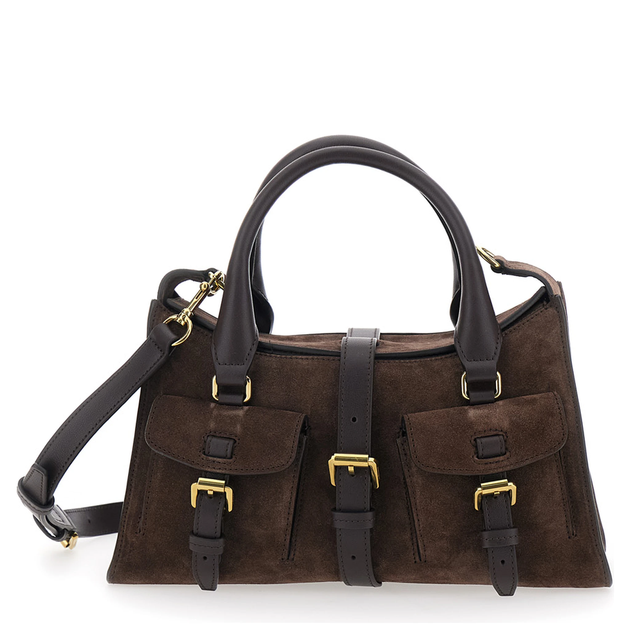 Roxanne Brown Small Handbag with Adjustable and Removable Shoulder Strap and Two Front Pockets in Suede Woman