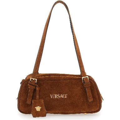 Tag Bowling Brown Shoulder Bag with Metallic Logo Lettering and Medusa Head Pendant in Suede Woman