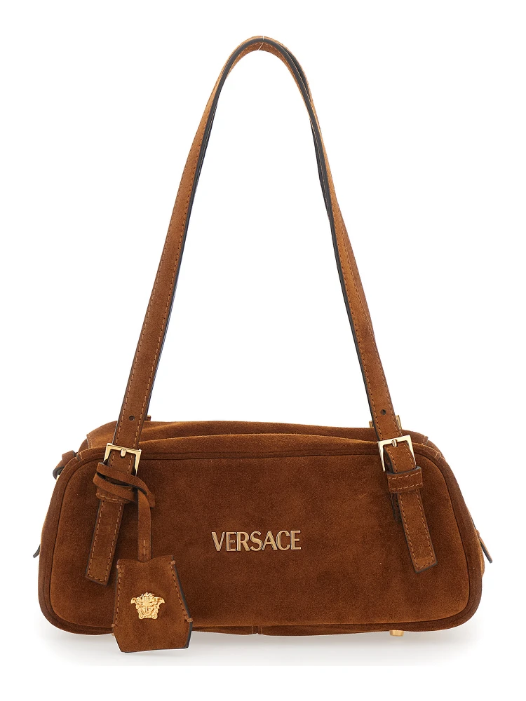 Tag Bowling Brown Shoulder Bag with Metallic Logo Lettering and Medusa Head Pendant in Suede Woman
